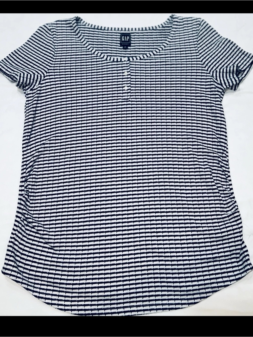 Gap Maternity XL Striped Henley Short Sleeve Blue White Nautical Ribbed Tee Top